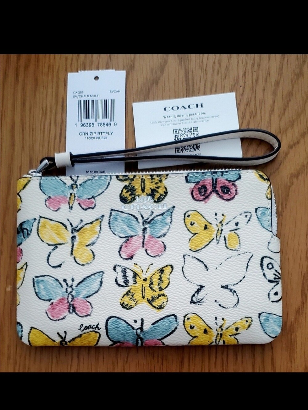New Coach CAQ55 Butterfly Corner Zip Wristlet Chalk Multi